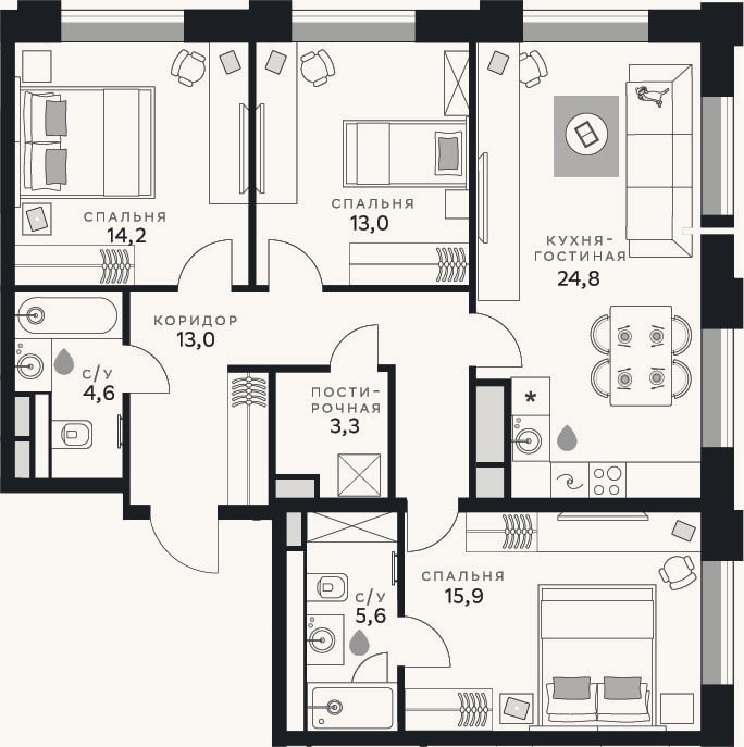 Планировка: 3-к, 94,4 м²