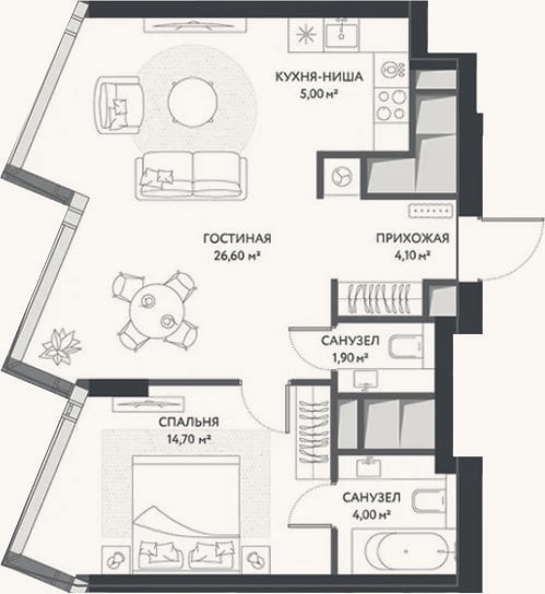 Планировка: 2-к, 56,3 м²