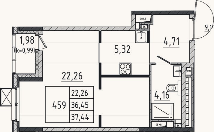 Планировка: Студия, 36,5 м²