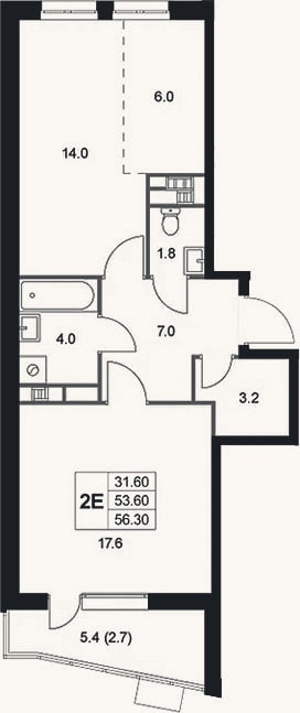 Планировка: 2-к, 53,8 м²