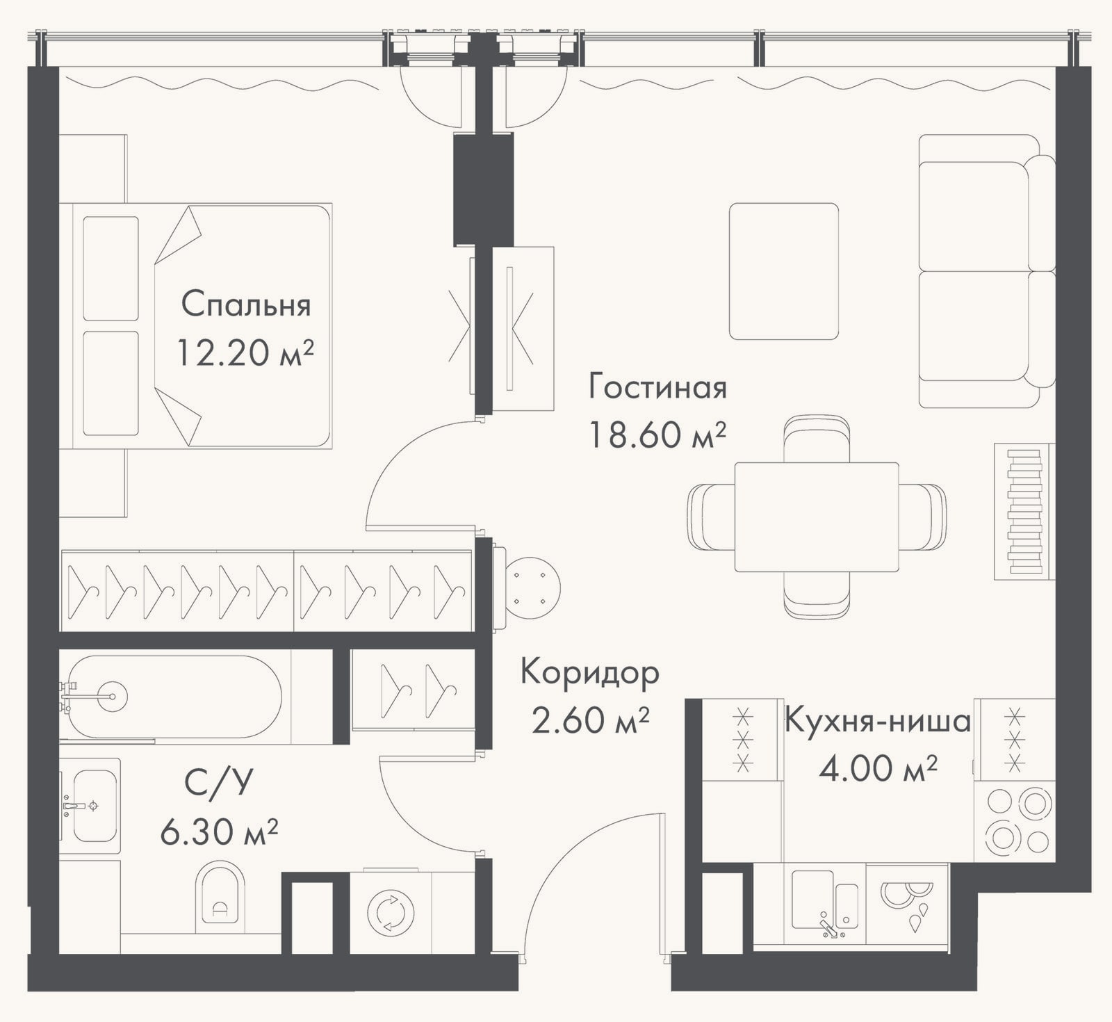 Планировка: 2-к, 43,7 м²
