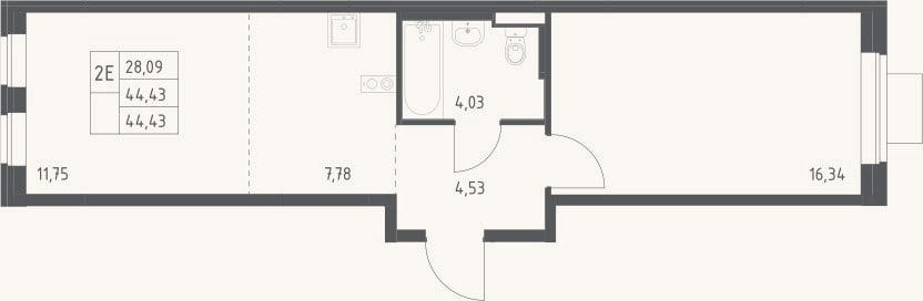 Планировка: 2-к, 44,4 м²