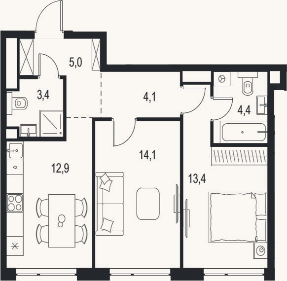 Планировка: 2-к, 57,3 м²