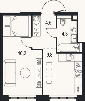 Планировка: 1-к, 34,8 м²