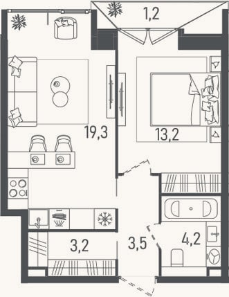 Планировка: 2-к, 43,4 м²
