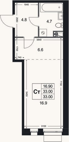Планировка: Студия, 33 м²