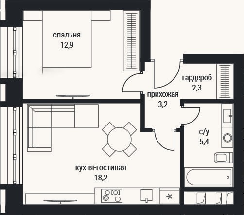 Планировка: 2-к, 43,1 м²
