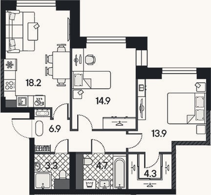 Планировка: 3-к, 66,2 м²