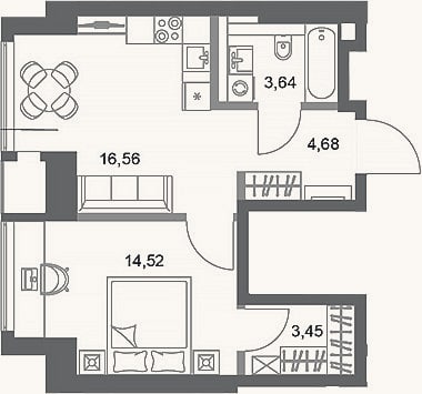 Планировка: 1-к, 42,9 м²