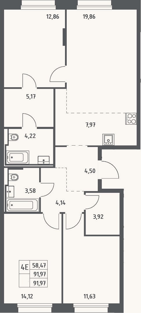Планировка: 4+ к, 92 м²
