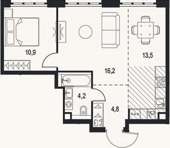 Планировка: 2-к, 49,6 м²