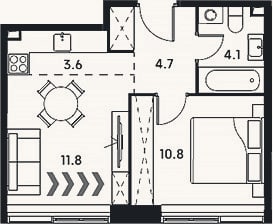 Планировка: 2-к, 35 м²