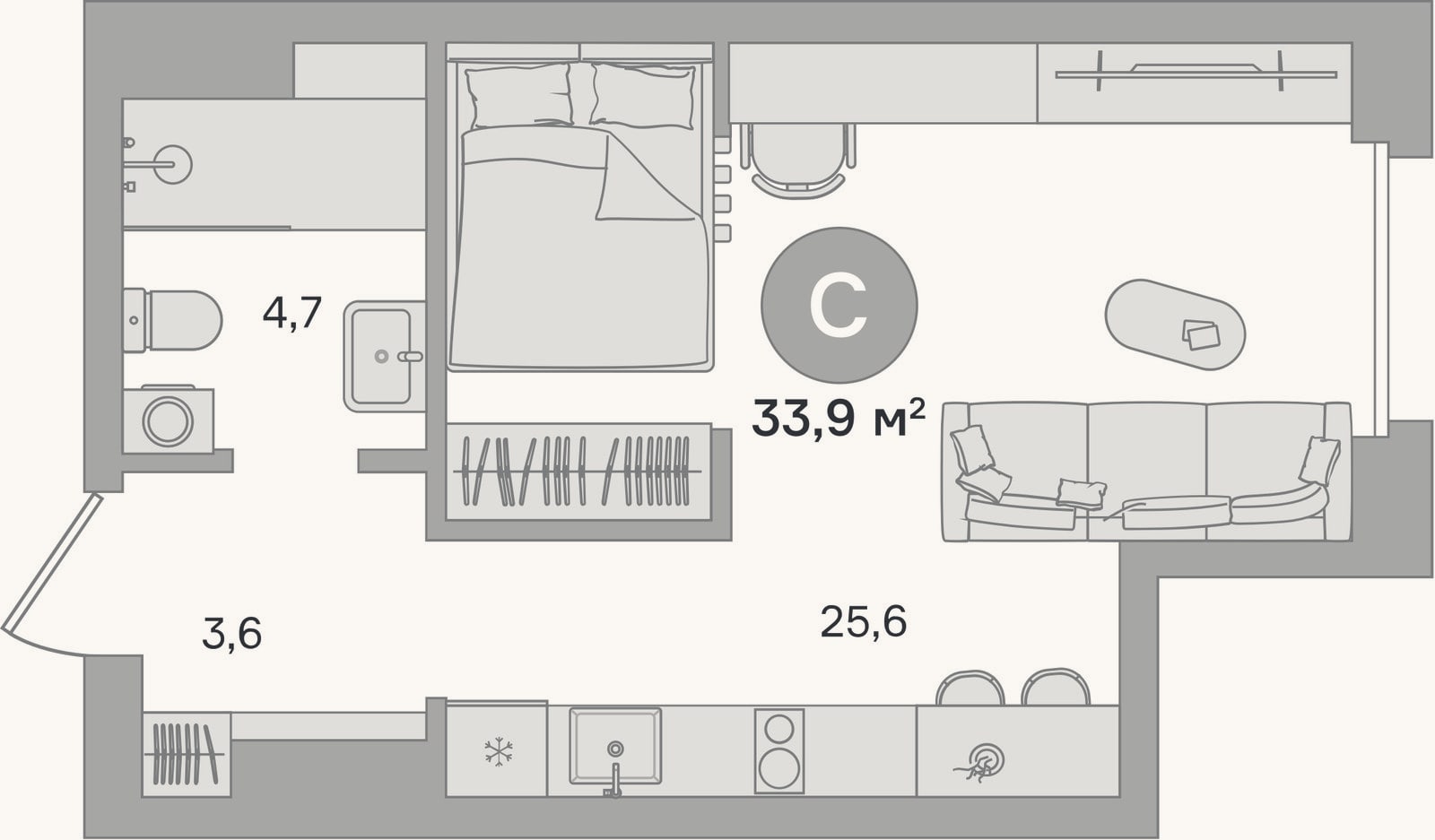 Планировка: Студия, 33,4 м²