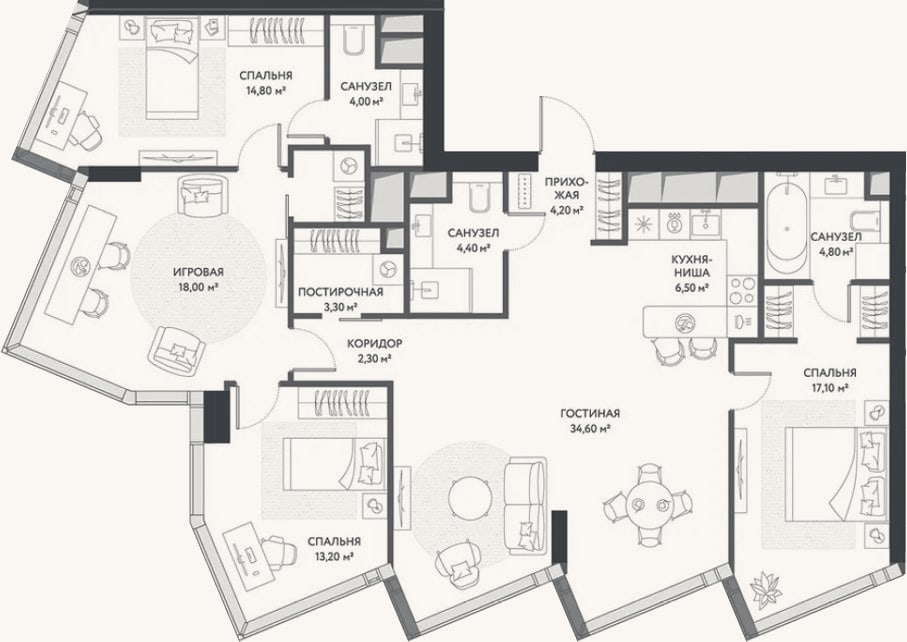 Планировка: 4+ к, 129,1 м²