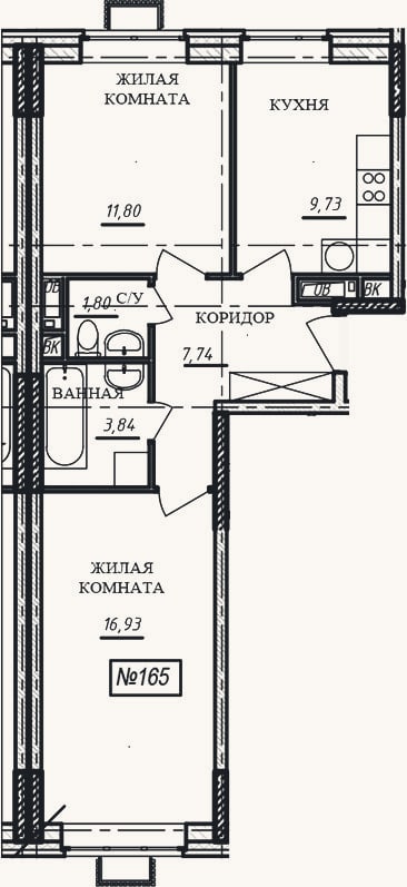 Планировка: 2-к, 51,8 м²
