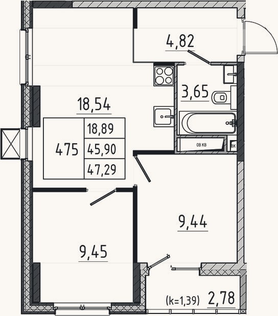 Планировка: 3-к, 45,9 м²