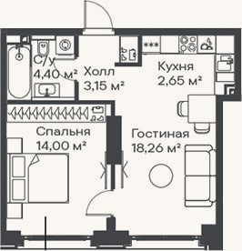 Планировка: 2-к, 42,5 м²