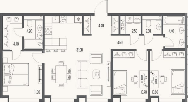 Планировка: 3-к, 91,7 м²