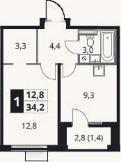 Планировка: 1-к, 32,8 м²