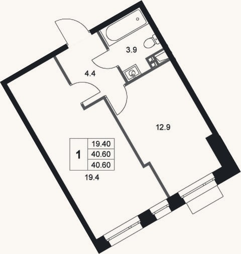 Планировка: 1-к, 40,6 м²
