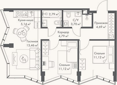 Планировка: 3-к, 56,8 м²