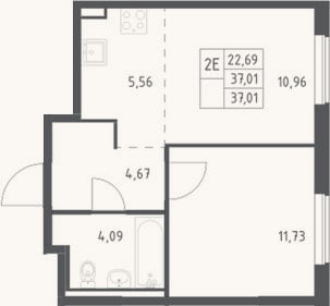Планировка: 2-к, 37 м²