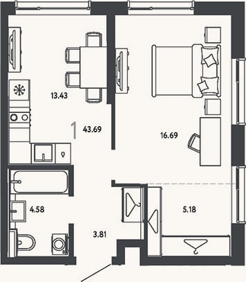 Планировка: 1-к, 43,7 м²