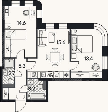 Планировка: 3-к, 54,8 м²