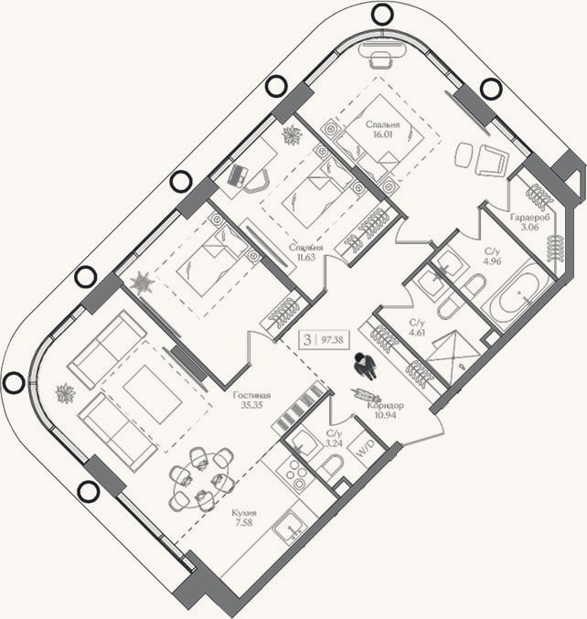 Планировка: 4+ к, 97,4 м²