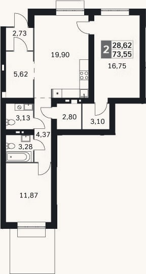 Планировка: 3-к, 73,6 м²