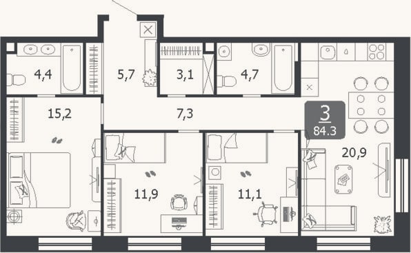 Планировка: 4+ к, 84,3 м²