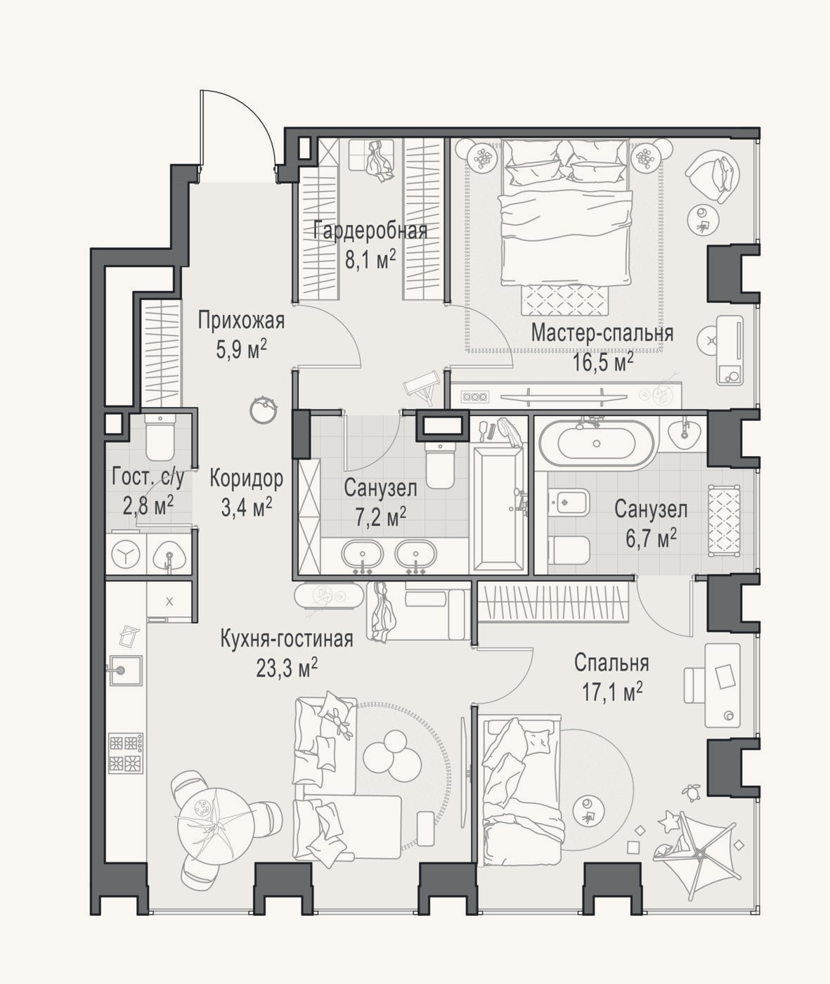 Планировка: 3-к, 91,2 м²