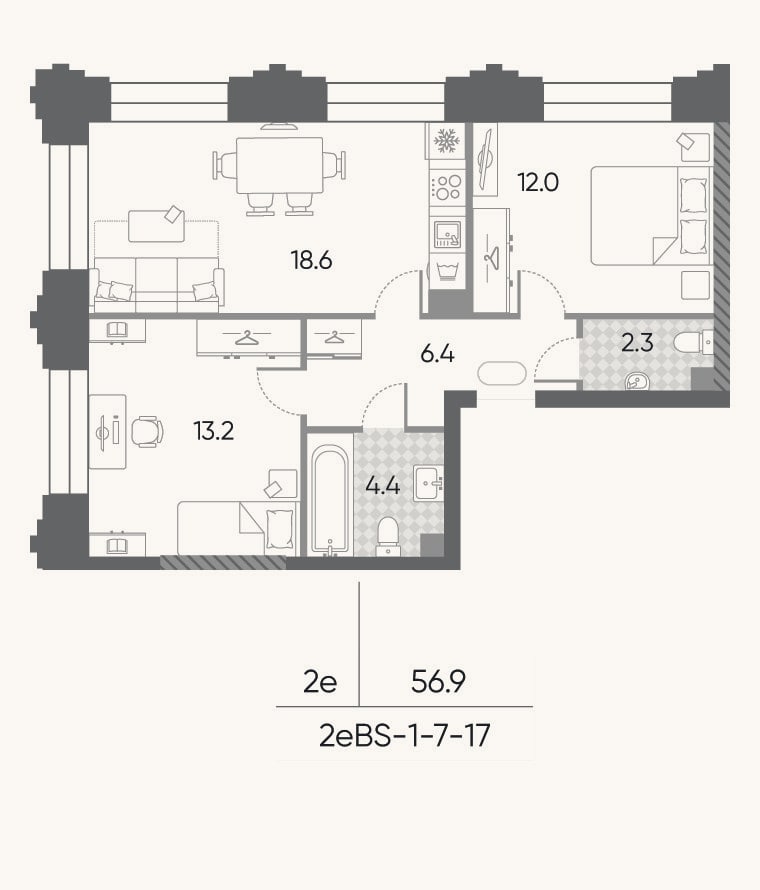 Планировка: 3-к, 56,8 м²