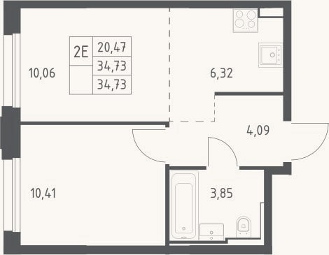 Планировка: 2-к, 34,7 м²