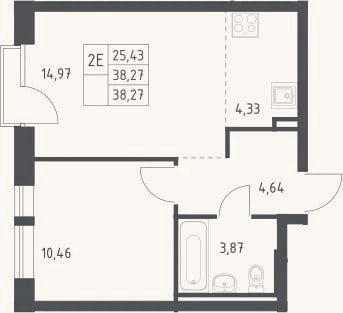 Планировка: 2-к, 38,3 м²