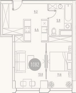 Планировка: 2-к, 44,1 м²