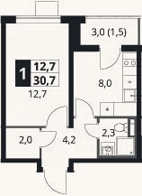 Планировка: 1-к, 29,2 м²