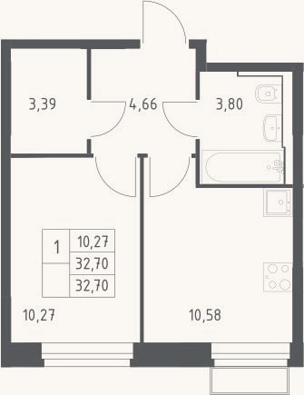 Планировка: 1-к, 32,7 м²