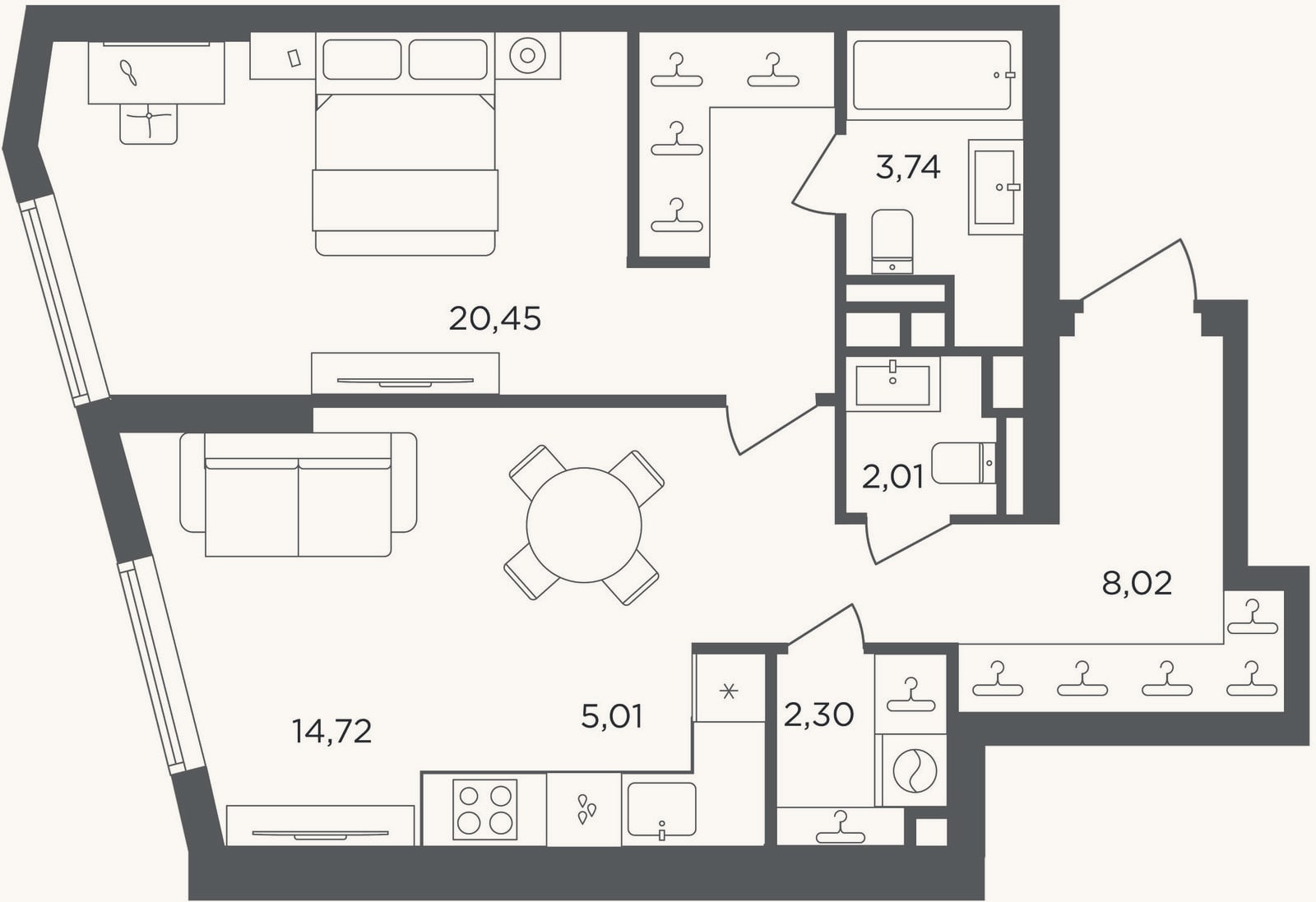 Планировка: 2-к, 56,3 м²