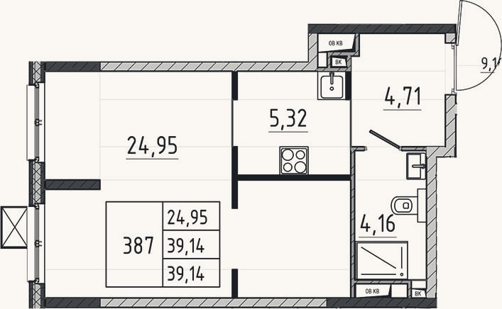 Планировка: Студия, 39,1 м²