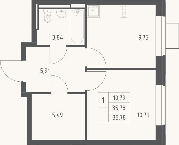 Планировка: 1-к, 35,8 м²