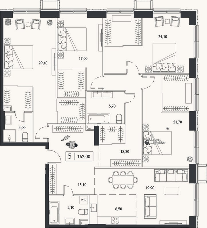 Планировка: 4+ к, 162 м²