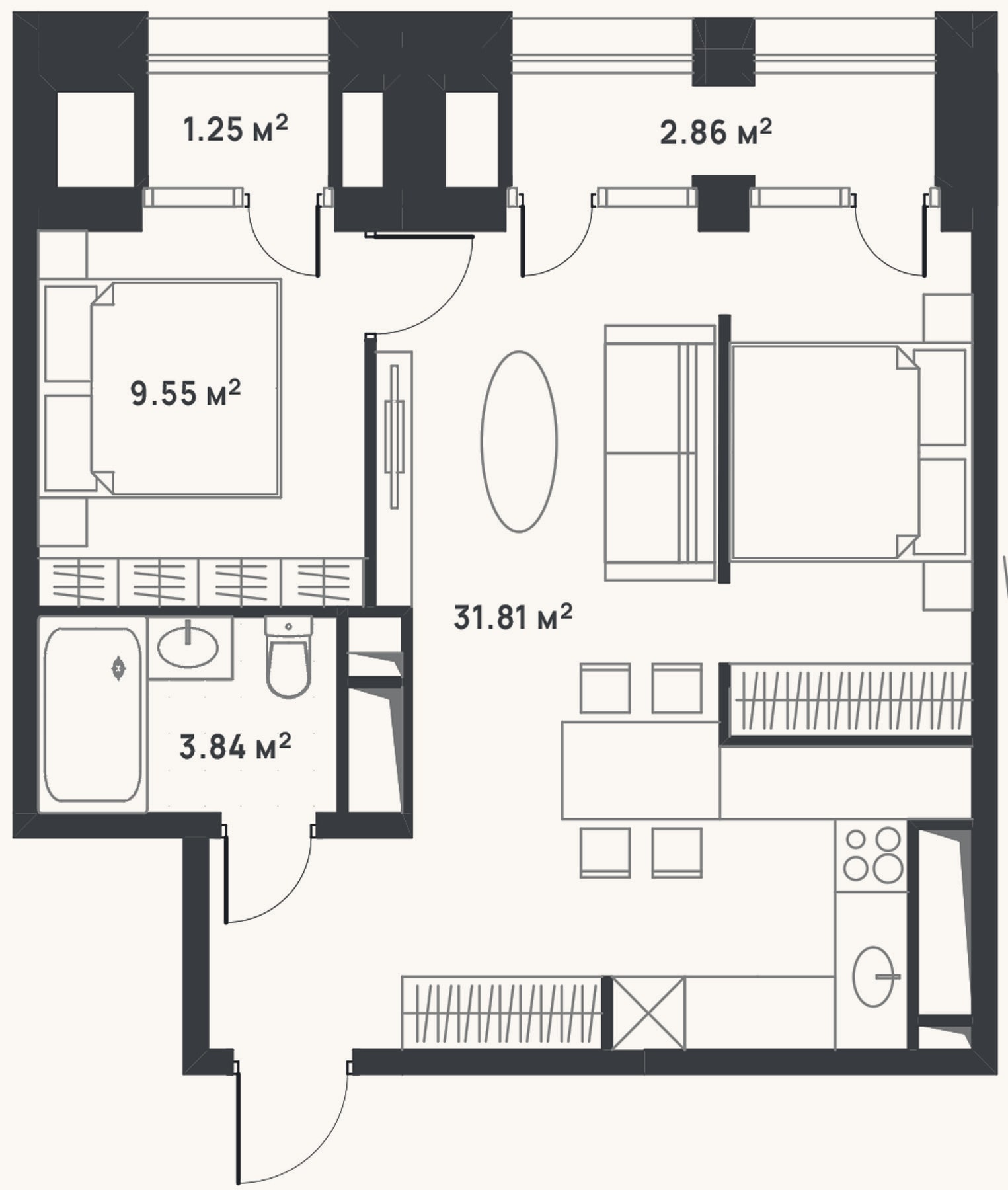 Планировка: 2-к, 45,2 м²