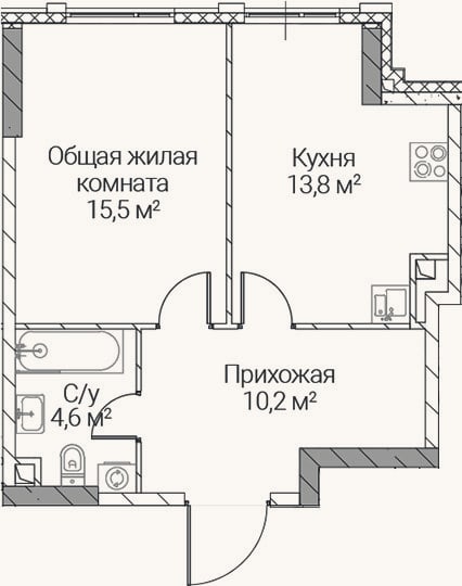 Планировка: 1-к, 44,1 м²