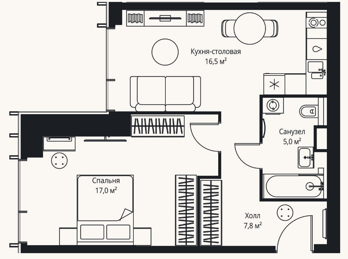 Планировка: 1-к, 46,3 м²