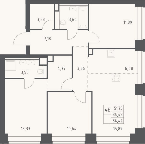 Планировка: 4+ к, 84,4 м²