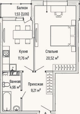 Планировка: 1-к, 46,5 м²