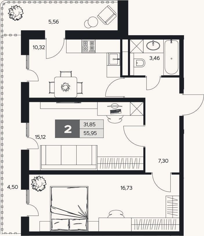 Планировка: 2-к, 52,9 м²