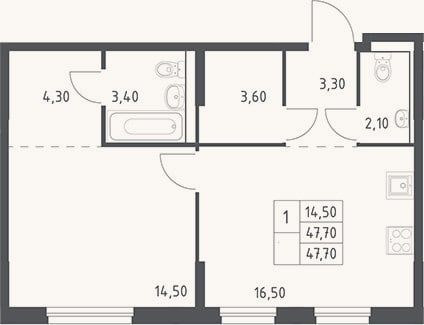 Планировка: 2-к, 47,7 м²