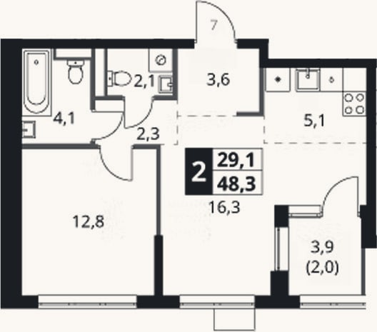 Планировка: 2-к, 46,3 м²